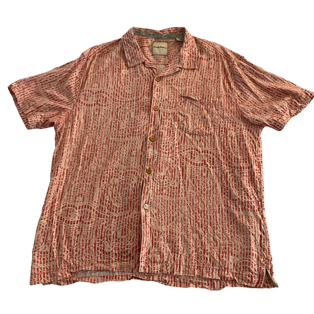 Tommy Bahama Button Up Shirt Mens XL Red Silk Short Sleeve Geometric Camp Collar